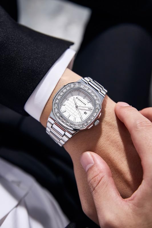 Image of Giordano Luxury Watch for Men with Textured Dial, Crystal Bezel, Date Display and Stainless Steel Strap