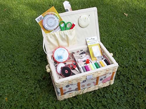 Boîte à couture garnie, panier à couture avec kit de couture, rouge et blanc, env. 30 cm x 19 cm