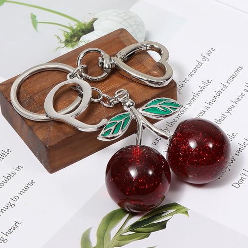 Heart-Shaped Keychain with Initial A-Z and Cherry Charm Bag Charms for Women,Car Accessories
