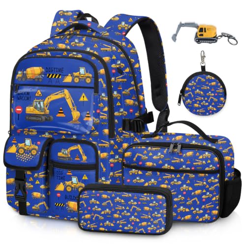 Fihevur Excavator Backpack Set for Boys Kids Construction Backpack with Lunch Box and Pencil Case Coin Purse School Bookbag for Kindergarten Elementary