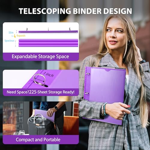 Image of WOT I 1 Inch Telescoping 3 Ring Binder 12 Pack, Expandable Flexible Binder with Customizable Front Cover & Clear Catalog Pocket,Holds 8.5 inchx11 inch Paper, Assorted Colors, School Office Supplies