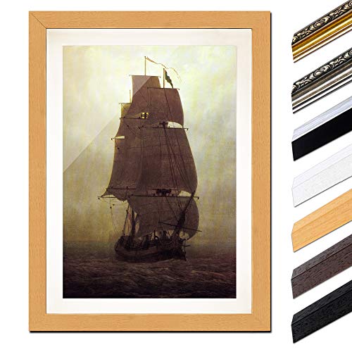 Bild mit Rahmen - Caspar David Friedrich Segelschiff 20x30 cm ca. A4 - Gerahmter Kunstdruck inkl. Galerie Passepartout Alte Meister - Rahmen buche