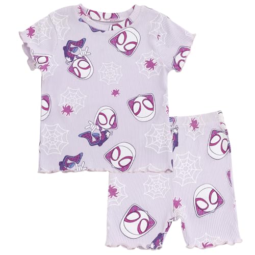 Marvel Spidey and His Amazing Friends Little Girls Ribbed Allover Print Short Sleeve Top and Shorts Outfit Ghost Spider Purple 5
