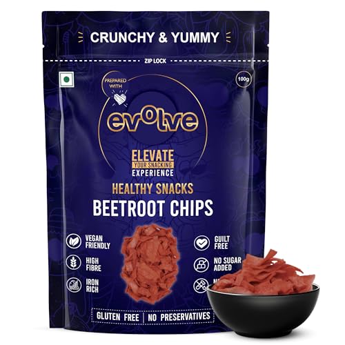 Image of Evolve Beetroot Chips | Healthy Snack for Kids & Adults, Gluten-Free, Vacuum-Fried, Natural & Crispy Vegetable Chips | 100g (Pack of 1)