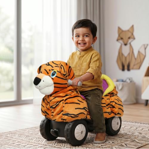 Image of Toyzone Little Soft Tiger Ride on | Cloth-Covered Ride On Toy with Wheels | Back Support | Indoor & Outdoor Ride-On for Toddlers 1-4 Years