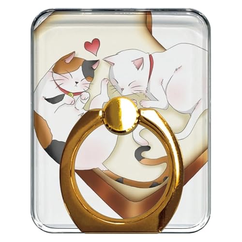 猫 透明 スマホリング ネコ 落下防止リング 2匹寄り添い 3デザイン ホールドリング 薄型 スタンド 車載ホルダー 360回転 iPhone/Android各種他対応 (三毛猫&白猫のくつろぎタイム(ゴールド金具))