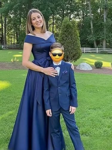 Off The Shoulder Satin Mother of The Bride Dresses for Wedding with Bow Tea Length Formal Evening Gowns4