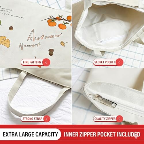 Image of BROGBUS Classics Canvas Tote Bags for Women Girls Canvas Handbag Zipper Large Capacity Shoulder Bag for College Office Use