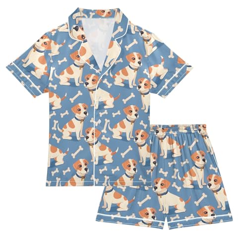 ALAZA Cute Dog Bone Blue Satin Pajamas Set Short Sleeve Button Down Sleepwear Summer Pjs 2 Piece