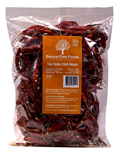 BanyanTree Foods besó al sol el chile indio Teja entero 100g - Chile picante del sur de la India para salteados y curry.