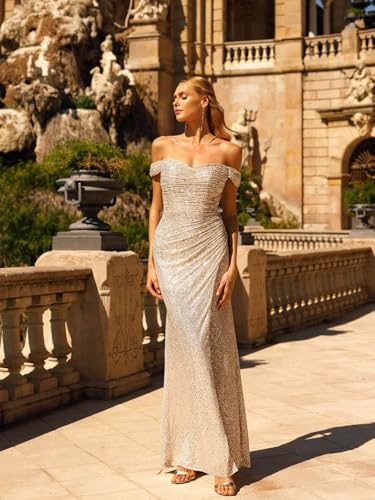 Women's Sequin Prom Dresses with Slit Mermaid Long Ball Gown Ruched Sparkly Formal Evening Gown4