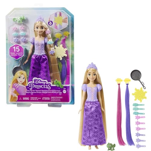 Disney Prinzessin-Spielzeug Rapunzel-Puppe mit Haarverlängerungen mit Farbwechseleffekt und Hair-Styling-Zubehör inspiriert vom Disney-Film