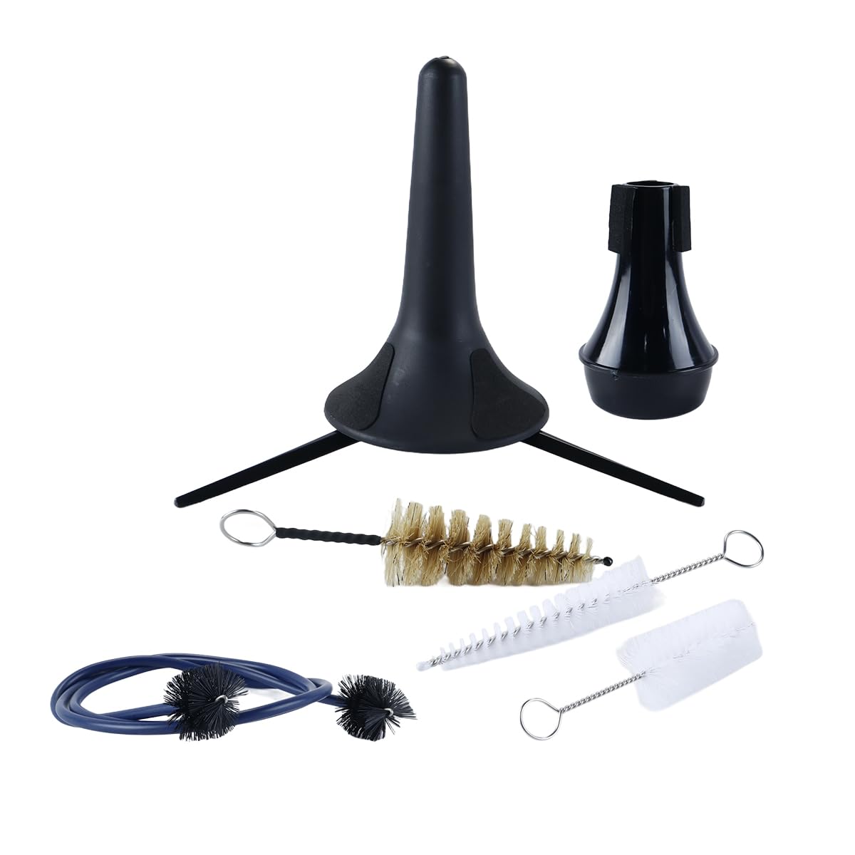Ausi Kit de mantenimiento de trompeta de 7 piezas con soporte portátil, cepillos de limpieza y silenciador para el cuidado diario y la práctica silenciosa.