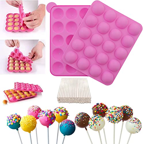 Junxave BPA Free Cake Pop Mould+ 120 Cake Pop Sticks 20 Cavity Silicone Pop Cake Baking Tray- Pink