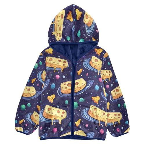 Dripping Cheese Space Planets Toddler Fleece Jacket Girl Boys Hooded Fleece Jacket Coat Warm Outwear Zip-up 3-10T