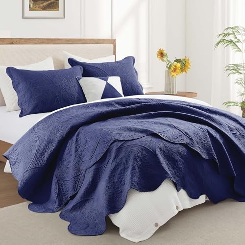IR Imperial Rooms King Quilt Bedding Set Size (106" x 96") + 2 Pillow Shams (20" x 36"+ 2") - 3 Pcs All Season Lightweight Reversible Microfiber Coverlet Floral Embossed Quilt Bedspread (Blue)