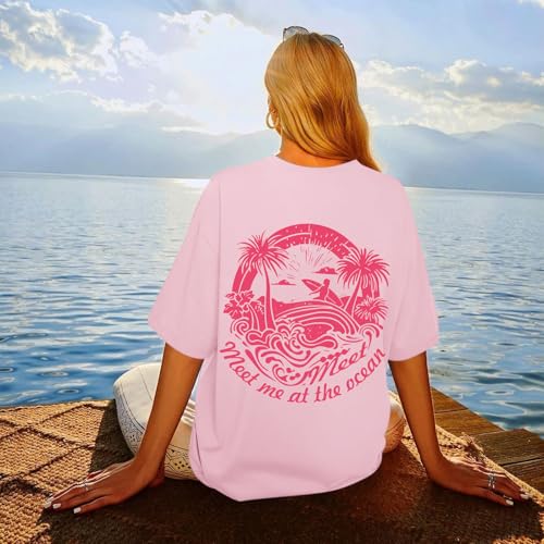 Oversized Graphic Tees for Women Hawaiian Beach Palm Tree Shirt Cute Vacation T Shirts Teens Summer Short Sleeve Top3