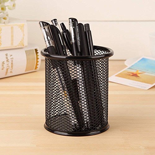 Image of Black Metal Mesh Round Pen Stand, Pencil Holder, Desk Organizer, Office Stationery Items, Home Storage Products, Makeup Brush Box, School Supplies
