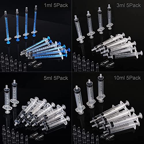 SAICOOS Plastic Syringe, 20 Pack Liquid Measuring Syringe, Multiple Uses Oil or Glue Applicator Syringe, for Scientific Labs and Dispensing, Feeding Pets, Lip Gloss (1 ml/ 3 ml/ 5 ml/ 10 ml)