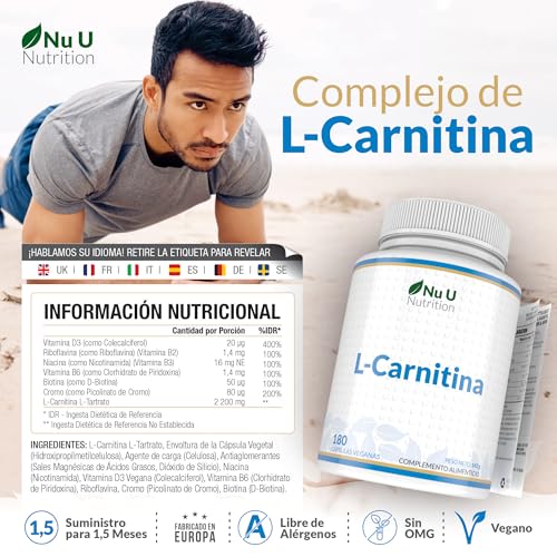 Miniatura 2 de L-Carnitina 2200mg - 180 Cápsulas Veganas de Alta Potencia - Con riboflavina, biotina, cromo, vitamina D, B3 y B6 - Tartrato de L-Carnitina - Fabricado en Europa - Nu U Nutrition
