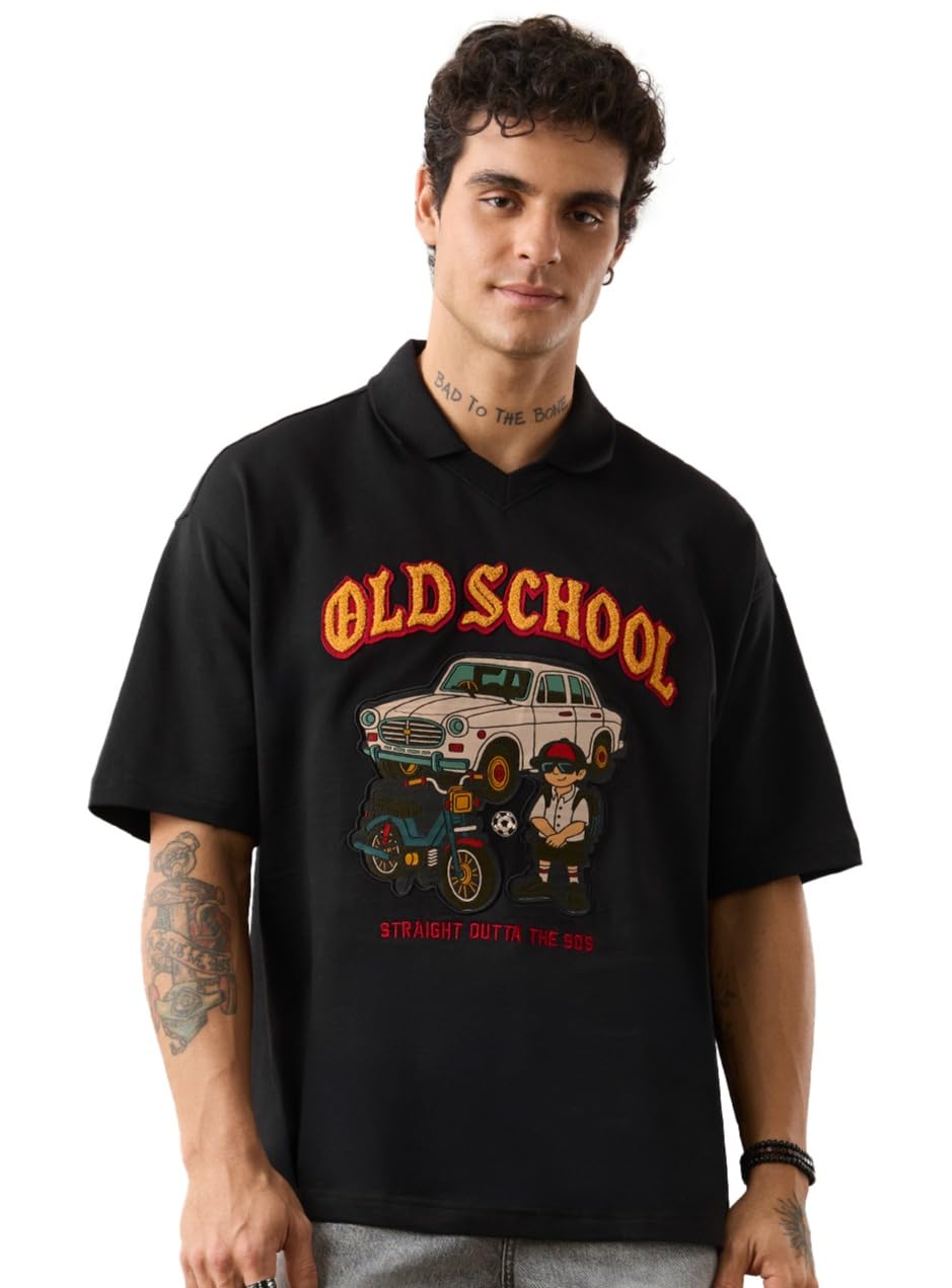 the souled store Oversized Polo: Old School Men and Boys Short Sleeve Polo Neck Black Embellished Casual Cotton Lightweight Drop Shoulder Streetwear Trendy Oversized Polos-picture-38