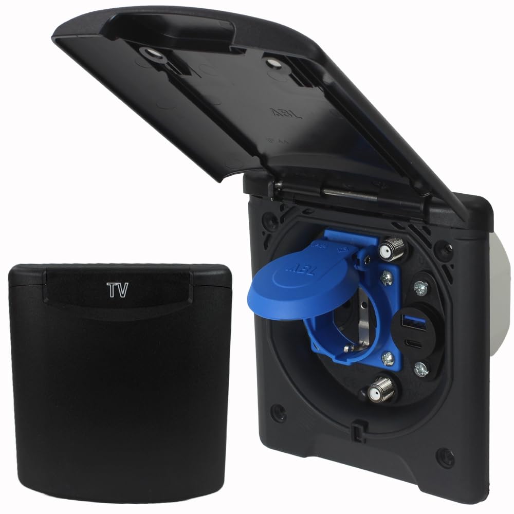 ABL Außensteckdose Wohnmobil/Boot: USB-A/C, Antenne, Schuko - 130x145mm, Schwarz, IP54, Made in Germany. Für Van & Wohnwagen