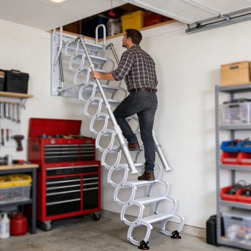 Image of 11 Steps Attic Stairs,Wall Mounted Folding Loft Ladder,Retractable Collapsible Stairs,Extension Steps Ladder with Armrests,Telescoping with Pulldown System (White, Step 11)