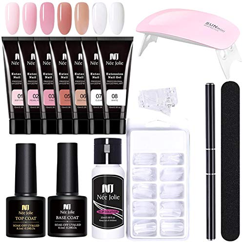 7 Colores Nail Extension Kit de Esmaltes Semipermanentes Francesa en Gel UV LED,Con Lámpara UV LED para Uñas,Con Base y Top Coat,100 moldes de extensión de uñas Cover