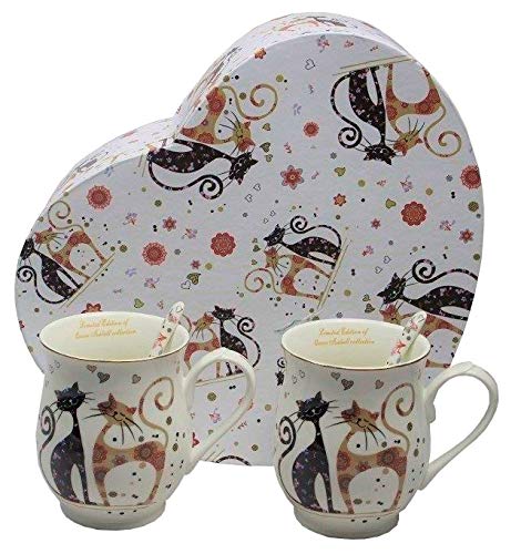 Atelier Harmony Lot de 2 tasses à thé en porcelaine avec 2 cuillères « Happycats Big » et 2 tasses à café en forme de chat avec boîte cadeau Cover