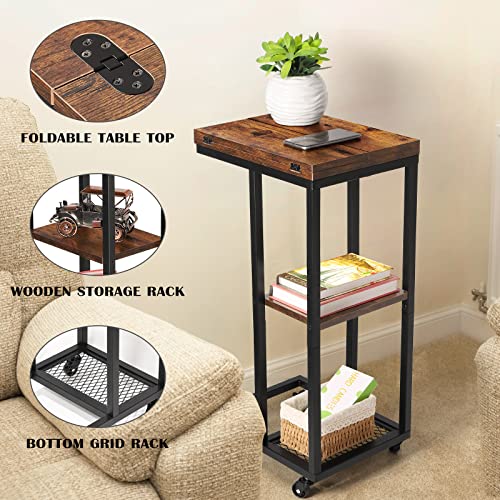 Nandae C Shaped Side Table, Foldable Desktop Snack Table Rustic End Table With Rolling Wheels Metal Frame For Laptop, Snack, Sofa Couch, Bed, Living Room #TOP4