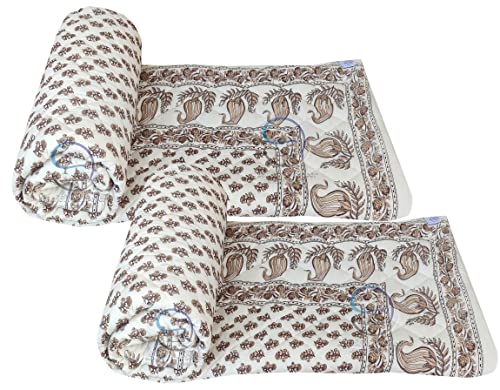 Image of Jaipuri Razai Single Bed Gold Print with Computerized Quilting Use as Soft and Breathable Cotton Comforter Quilt Rajai Blanket Dohar Size 55X85 inch Off White (Cream) Pack of 2
