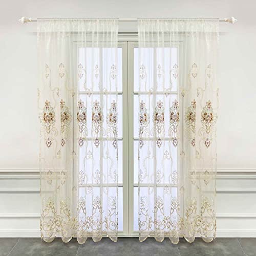 Wpkira Exquisite European Embroidered Floral Sheer Curtains Rod Pocket Transparent Voile Window Treatment Drapes For Living Room/Hall/Villa Room Decoration Tulle Curtain 1 Panel W40 X L84 Inch #TOP1