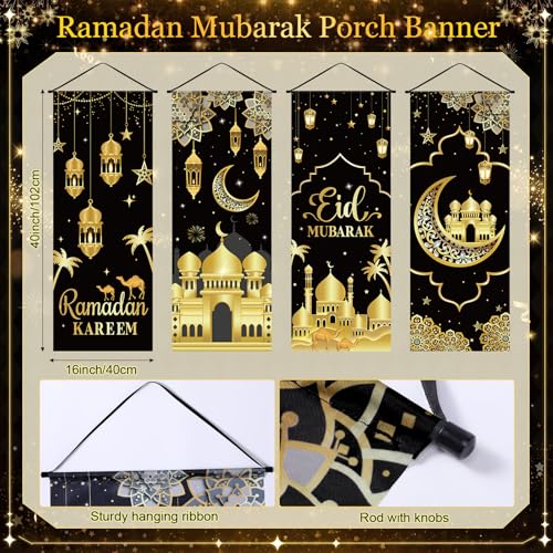 Image of Panelee 4 Pcs Ramadan Mubarak Porch Sign Banners Black Gold Eid Mubarak Decorations Muslim Ramadan Kareem Door Banner Backdrop for Home Doorway Indoor Outdoor Wall Hanging Decor