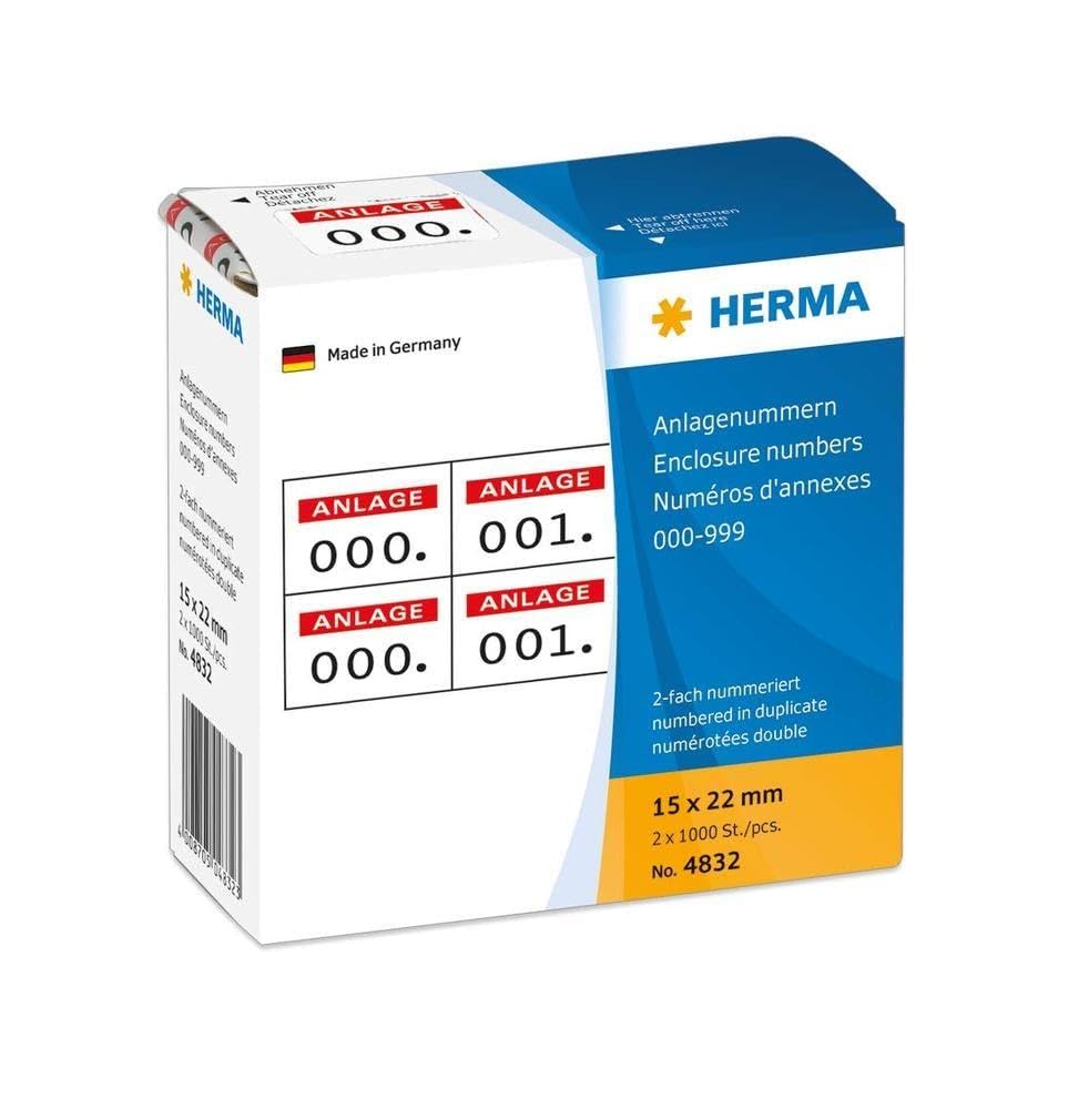 HERMA Number Labels 0-999, Double, 2000 Pieces, 22 x 15 mm, Self-Adhesive, Matte, Double Sequential Paper Number Labels, Asset Numbers in Dispenser Box, Red