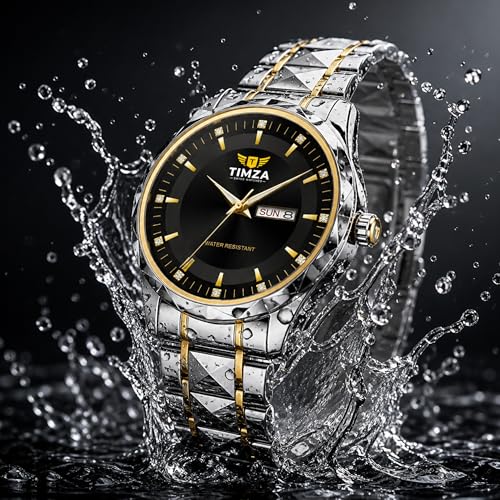 Image of Men's Analog Quartz Watch with Black Dial, Two Tone Stainless Steel Strap, Date Display, Luminous Hands and Water Resistant Design