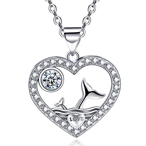 Emma Manor EM Heart Pendant Necklace 14k White Gold Plated Cubic Zirconia Love Heart Jewelry for Women Girls Gift (White Gold-Whale Tail)