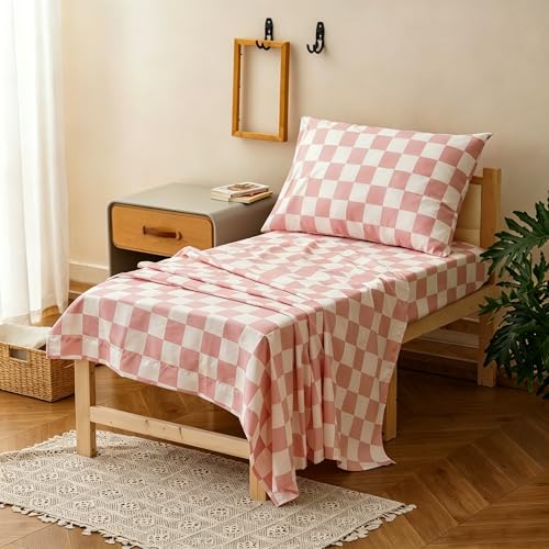 Image of Wellboo Pink White Plaid Toddler Bedding Sets for Girls Boys Bean Pink and White Checkerboard Grid 4 Pieces Soft Crib Bed Set Including Comforter, Sheets and Pillowcase Kids Checkered Geometric Quilt