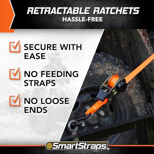 Image of SMARTSTRAPS 10' Retractable Ratchet Straps, 2 Pack - 3,000lb Break Strength, 1,000lb Safe Work Load - Haul Motorcycles, Boats, and Appliances with Patented Technology Heavy Duty Ratchet Straps