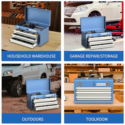 Image of LARBANKE Metal Tool Box,3 Drawer Tool Box with Top Storage Tray, Portable Tool Chest with Locking System and Drawer Liner, Hand Carrying Tool Chest for Garage,Home or Workbench