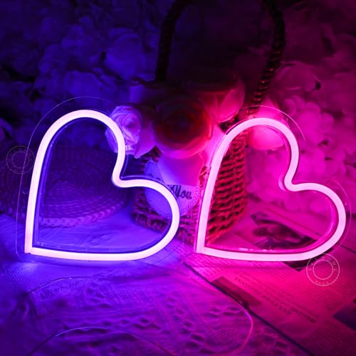 Image of SYLHOME 2 Pack Heart Led Neon Light Sign Battery Operated or USB Powered Bedroom Wedding Wall Sign Decor Valentines Day Christmas Birthday Gifts 7.87 inch X 7.28 inch
