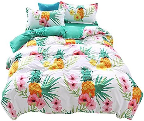 Bedding Duvet Cover Sets 3-Pieces Twin Size(69"x90") Microfiber,Pineapple Pink Flowers Green Leaves White Prints Floral Patterns Design,Without Comforter (Twin, 1Duvet Cover+2Pillowcases-08)