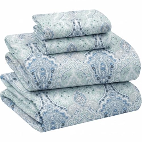 Image of Briarwood Home Printed Flannel Sheet Set, 100% Natural Cotton, Soft, Warm & Deep Pocket, Advanced Nano-Tech Making it Resistance to Pilling; Brushed 6 Times for Softness (Damask Navy, Twin)