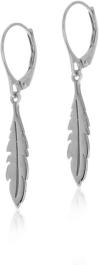 14k White Gold Feather Drop Earrings Bohemian Dangle Earrings Boho Jewelry