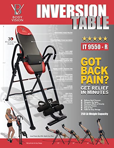 Image of Body Vision IT9550 Deluxe Inversion Table with Adjustable Head Rest & Lumbar Support Pad, - Heavy Dutyup to 250 lbs., Red