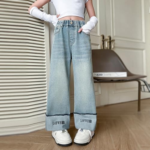 Girls Straight Leg Jeans Baggy Elastic Waist Wash Denim Pants Solid Casual Embroidery Loose Fit Trousers3