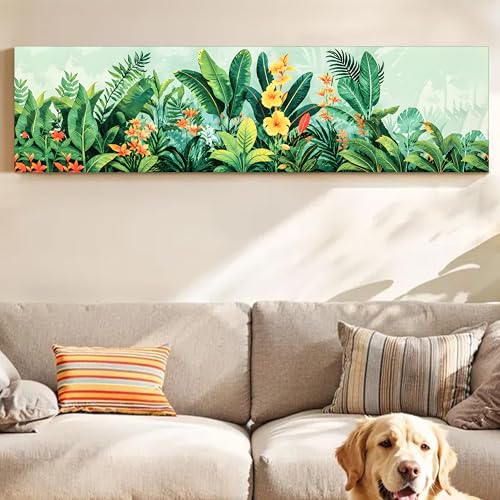 Image of Tropical Botanical Stretched Canvas Wall Art Painting for Living Room, Horizontal Jungle Canvas Wall Decor For Livingroom, Bedroom, Office, Hallway's, Hotel 12x46 Inch