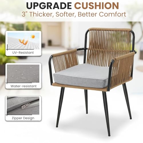 Image of DEVOKO Outdoor Rope Patio 3 Piece Chair Table Bistro Set with All Weather Cushioned Furniture for Garden, Pool, Lawn, Deck, Porch (Beige & Grey)