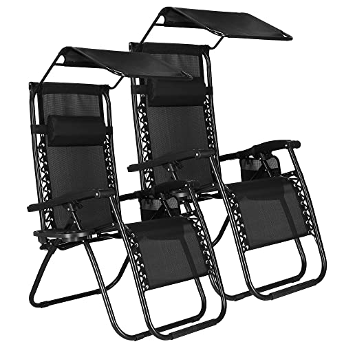 SPRINGOS Chaise de jardin avec repose-pieds, chaise longue avec toit ouvrant, chaise de plage à dossier haut, avec accoudoirs, coussin de nuque, bord latéral, sac suspendu noir