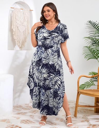 Image of JollieLovin Womens Plus Size Casual Summer Maxi Long Dress Short Sleeve T-Shirt Loose Sun Dress(L-5X)