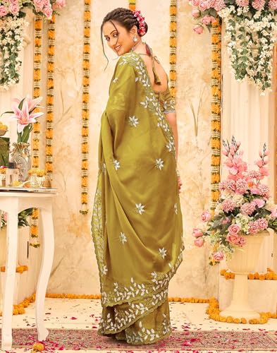 Image of SIRIL Women's Shimmer Georgette Embroidery & Scalloped Border Saree With Unstitched Blouse Piece